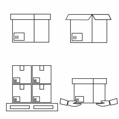 Beyaz arkaplanda izole edilmiş karton kutular çizgisi çizgisi çizimi. Posta, ambalaj, nakliye ve taşınma için karton kutular kapatıldı ve açıldı.