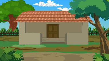 Çizgi film animasyonu için Asya köyü manzarası çizimi