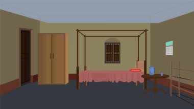 Hint çamur evi iç tasarımı, fakir ev iç tasarımı, Hint köyü kapalı, arka plan 2 boyutlu çizgi film animasyonu, oturma odası iç tasarımı, yatak odası tasarımı