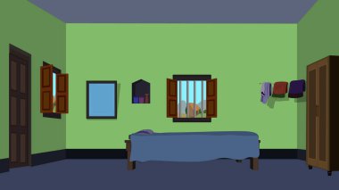 Hint çamur evi iç tasarımı, fakir ev iç tasarımı, Hint köyü kapalı, 2D çizgi film animasyonu için arka plan, oturma odası iç mimarisi, ahşap pencereli yatak odası tasarımı, kapı, dolap aynası ve en az ahşap kapı.