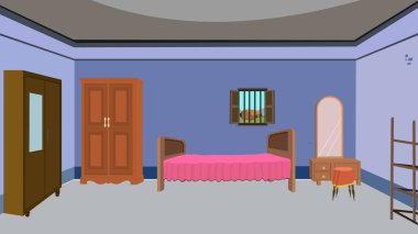 Rural village house interior design background for cartoon animation with cupboards,bed,dressing table,stool,clothing rack and a wooden window clipart