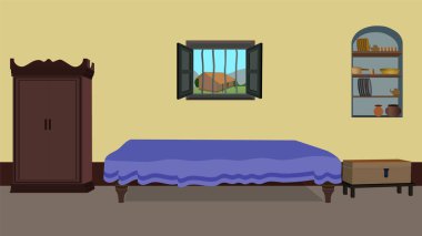 Köy evinin içerisinin bir yansıması. Hint yatak odası tasarımı. Zavallı Hint köyü ev vektör sanatı almirah, yatak, bagaj gereçleri ve ahşap kapılı