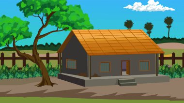 Çizgi film animasyonu için Kızılderili köy evi. Ağaçlar, çitler, çalılar ve arkasında yeşil bir tarla olan Asya kırsalındaki dağ kulübesi.