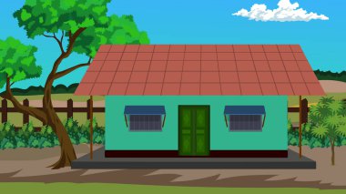 Köy kırsal kesiminde çizgi film için arka plan. Hint evi manzarası. Tarlası olan bir kır evi. 