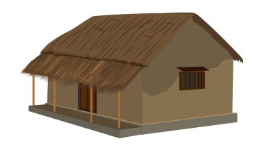 Hint kulübesi ya da sazdan çatılı küçük köy evi, beyaz arka planda izole edilmiş düz çizgi film vektör çizimi. Geleneksel Afrika konutları