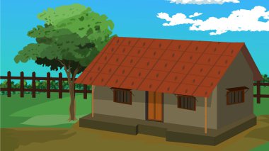 Köy karikatür evi geçmişi. Kırmızı kiremitli köy kulübesi ve yeşil tarlada çamur duvarı. 