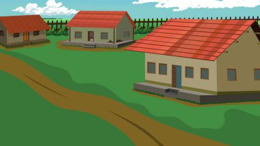 Köy yol vektörü. Köyün kil kulübesi ve samandan yapılmış çatı. 2d karikatür arkaplan çizimi