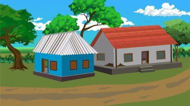 Çimenli bir arazide mavi ve kırmızı bir ev. Mavi ev mavi evden daha uzakta bulunan kırmızı eve kıyasla daha küçük boyuttadır. Evler ağaçlarla çevrili.