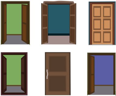 Açık ve kapalı kapı koleksiyonu. Çizgi film giriş ve çıkış kapıları, kapı kolları ve çerçeveleri, ev dış mimarisi konsepti. Vektör seti