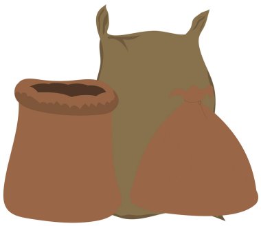 Koleksiyon jüt çuvalı veya torba vektör illüstrasyonu. Beyaz arkaplanda izole edilmiş bir torba buğday ve ekin torbası simgesi