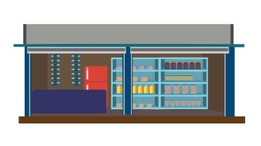 Market vektörü izole edilmiş beyaz arkaplanı kesiyor. Çizgi film için Hint köyü tasarımı. İçinde ürünler, buzdolabı ve masa olan köy market tezgahı.