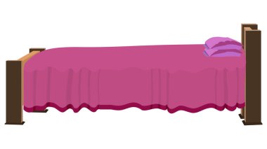 Yastıklı yatak ve pembe yatak örtüsü vektör illüstrasyonu beyaz arka planda izole edilmiş. Çizgi film animasyonu için köy evinin iç unsurları. Ahşap yatak asgari tasarım.