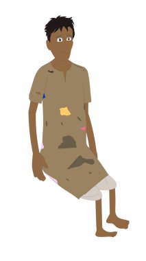 Yerli fakir adam oturuyor ve yırtık kıyafetler ve dağınık saçlar giyiyor. Köy fakiri, çizgi film karakteri.