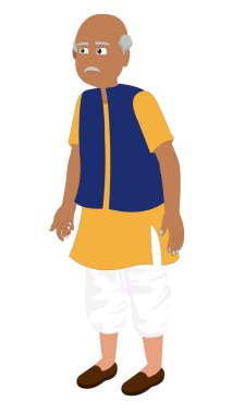 Animasyon için ayakta duran Hintli yaşlı adam. Hintli yaşlı, kel kafalı, dhoti ve kurta giymiş. Beyaz arka planda izole edilmiş Hint köyü insan vektör çizimi