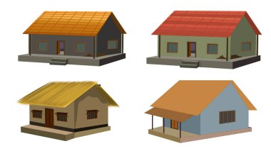 Afrika tarzı geleneksel ev koleksiyonu, sazlı çatı vektör resimli köy kulübesi seti. beyaz arkaplanda izole edilmiş kulübe simgesi