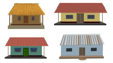 Çamur ev simgeleri çizgi film vektörü ayarlandı. Kil kırsal ev. Beyaz arkaplanda sazdan çatılı bir kulübe var.