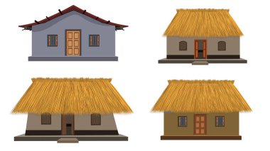 Afrika tarzı geleneksel kır evi koleksiyonu, sazlı çatı vektör resimli köy kulübesi.