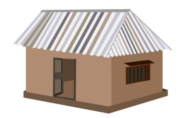 Beyaz çatılı ve dışı kahverengi olan küçük bir ev. Ev boş ve basit bir tasarımı var.