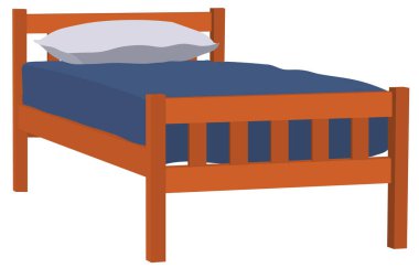 Mavi çarşaflı, beyaz yastıklı tahta bir yatak. Beyaz arka planda izole edilmemiş. 