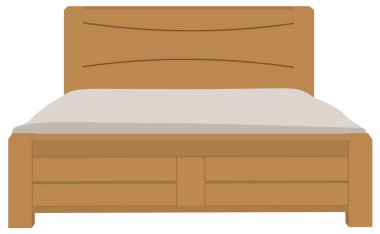 Beyaz çarşaflı ahşap bir yatağın vektör çizimi. Yatağın beyaz bir yastığı ve beyaz bir yorganı var.