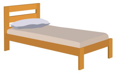 Beyaz çarşaflı ahşap bir yatak üzerinde beyaz bir yastık. Beyaz arka planda izole edilmiş bir yatak.