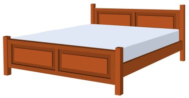 Beyaz çarşaflı tahta bir yatak. Yatak yapıldı ve beyaz bir yastık var. Yatak dikdörtgen şeklinde.