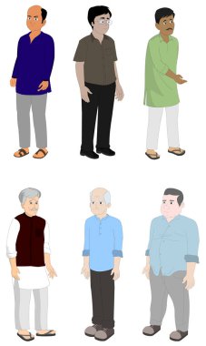 Indian male characters set with various ages,dress and colors.Asian men standing pose collection isolated on white background