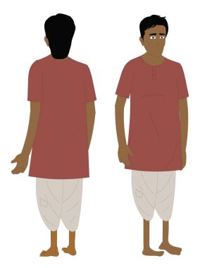 Hintli fakir çiftçi karakteri dhoti ve kurta gibi korkunç elbiseler içinde. Beyaz arka planda izole edilmiş çizgi film karakteri.