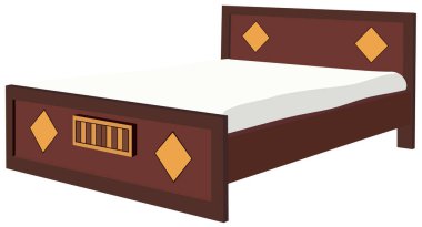 Beyaz arka planda izole edilmiş yastıklı bir yatak tasviri. Beyaz çarşaflı kahverengi ahşap yatak.