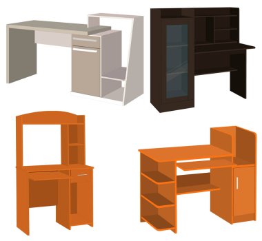 Çeşitli Ahşap Mobilya Dolapları ve Masalar Koleksiyonu. Bilgisayar masaları beyaz arkaplanda izole edildi