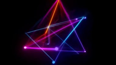 Siyah arkaplan üzerinde pembe mavi küp neon geometrik çerçeve, kopyalama alanı, döngülü, 4k çözünürlüklü ışık animasyonu. 