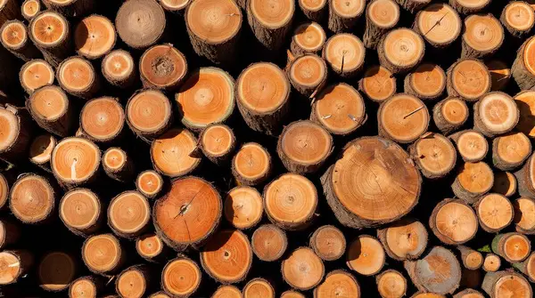 Arkaplanda ormanlı ahşap kütükler, ön planda kesilmiş ve istiflenmiş ağaç gövdeleri, arka planda güneş ışınları olan yeşil orman. Yüksek kalite fotoğraf