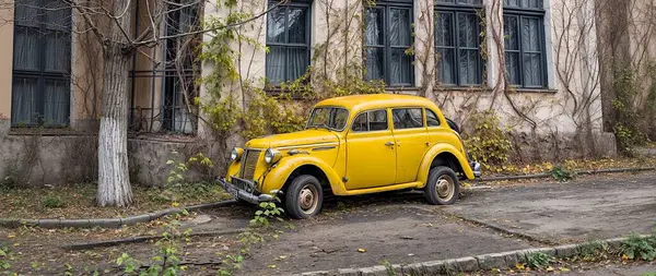 Eski şehirde 1930-1940 'ların klasik antika arabasının Retro tarzı fotoğrafı. Yüksek kalite fotoğraf