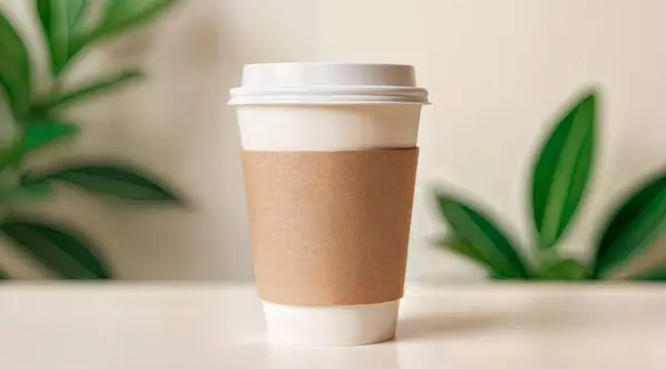 Kağıt kahve fincanı masanın üzerinde duruyor, tarafsız arka plana karşı. Yüksek kalite fotoğraf