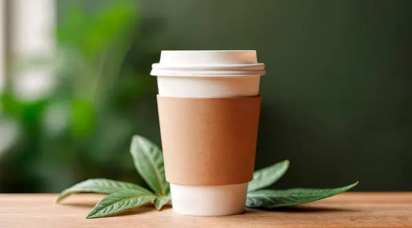 Kağıt kahve fincanı masanın üzerinde duruyor, tarafsız arka plana karşı. Yüksek kalite fotoğraf