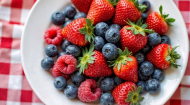 Yabanmersinli, çilekli ve böğürtlenli seramik kase. Yakın çekim, yüksek çözünürlüklü ürün. Yüksek kalite fotoğraf