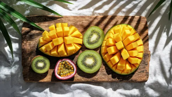 Dilimlenmiş mango, kivi ve çarkıfelek meyvesi sade ahşap bir tahta üzerinde estetik olarak dizilmiş. Yüksek kalite fotoğraf