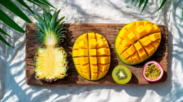 Dilimlenmiş mango, kivi ve çarkıfelek meyvesi sade ahşap bir tahta üzerinde estetik olarak dizilmiş. Yüksek kalite fotoğraf