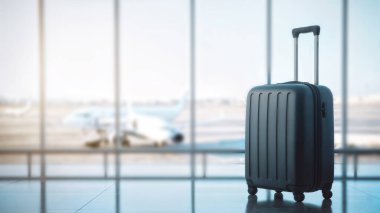 Havaalanının kalkış terminalindeki boş bir havaalanındaki bavullar bölgeyi bekliyor. Yüksek kalite fotoğraf