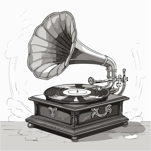 Gramofon bir plak çalıyor, çizgi sanat vektörü tasarımı