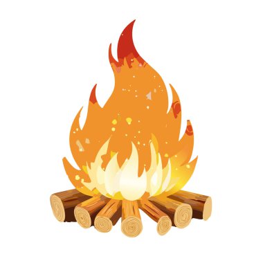 Beyaz arkaplanı olan parıltılı vektör sanat tasarımı olan kamp ateşi