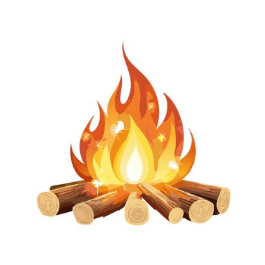 Beyaz arkaplanı olan parıltılı vektör sanat tasarımı olan kamp ateşi