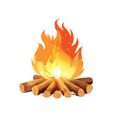 Beyaz arkaplanı olan parıltılı vektör sanat tasarımı olan kamp ateşi