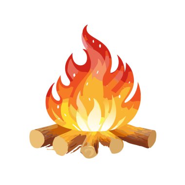 Beyaz arkaplanı olan parıltılı vektör sanat tasarımı olan kamp ateşi