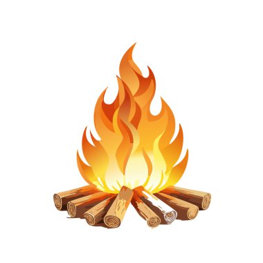 Beyaz arkaplanı olan parıltılı vektör sanat tasarımı olan kamp ateşi