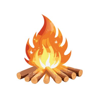 Beyaz arkaplanı olan parıltılı vektör sanat tasarımı olan kamp ateşi