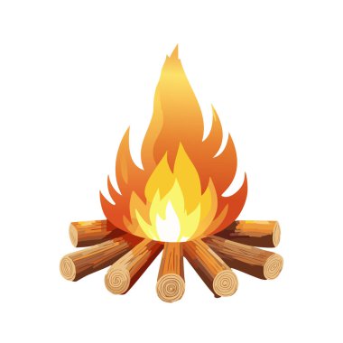 Beyaz arkaplanı olan parıltılı vektör sanat tasarımı olan kamp ateşi