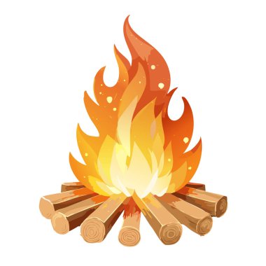 Beyaz arkaplanı olan parıltılı vektör sanat tasarımı olan kamp ateşi