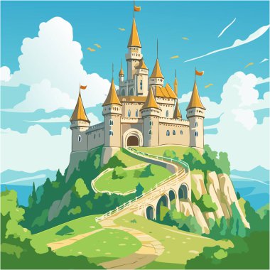Tepe vektör sanat tasarımı üzerine tünemiş bir ortaçağ kalesi.