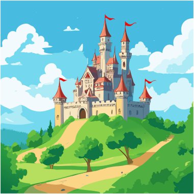 Tepe vektör sanat tasarımı üzerine tünemiş bir ortaçağ kalesi.